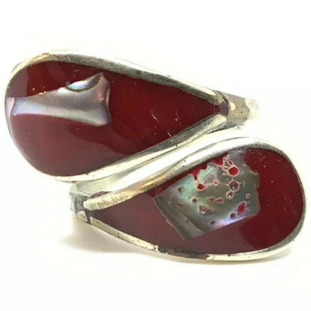 Vintage SIZE 5 Fiery Red Enamel Abalone Shell Alpaca Mexico Ring
